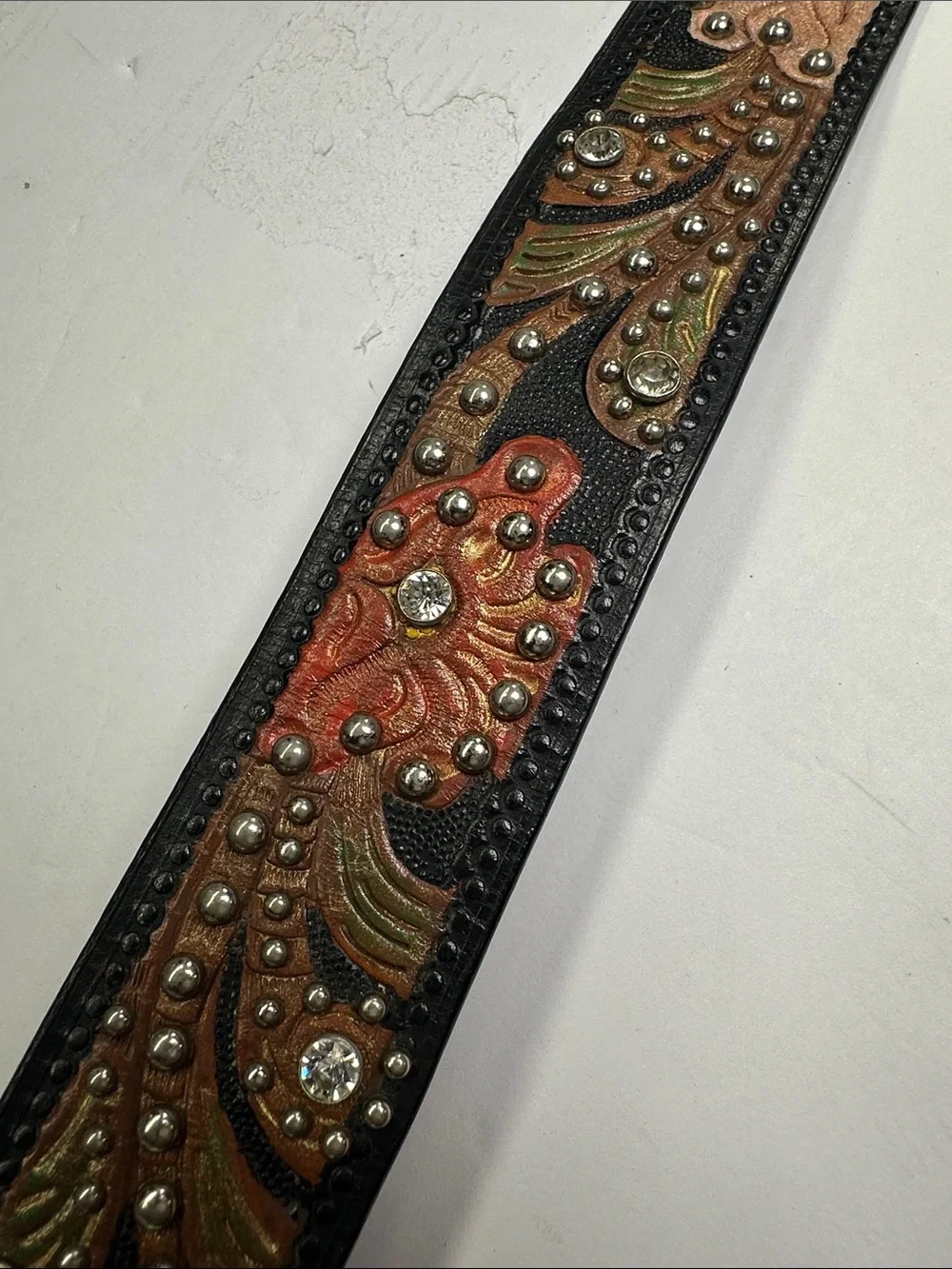 Vintage Nocona Leather Floral Belt With Studs & Rhinestones, Multicolor Flowers